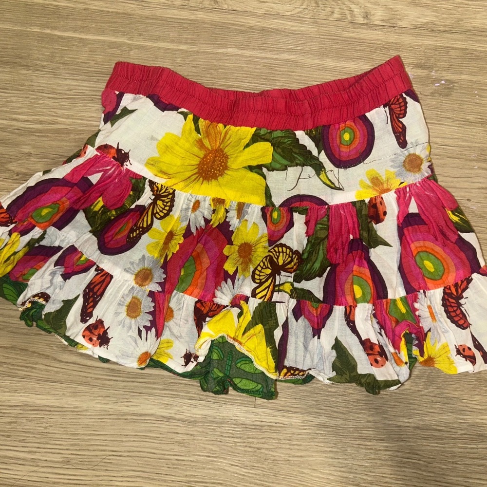 Desigual Girls Reversible Tiered Ruffle Skirt Floral Butterfly Dragonfly 5/6